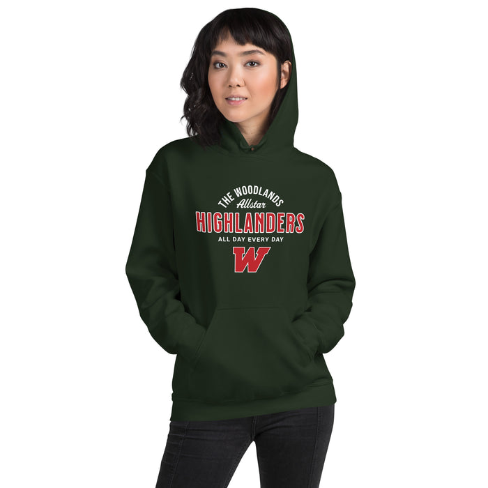 Woman wearing The Woodlands High School Highlanders Forest Green Classic Unisex Hoodie 040