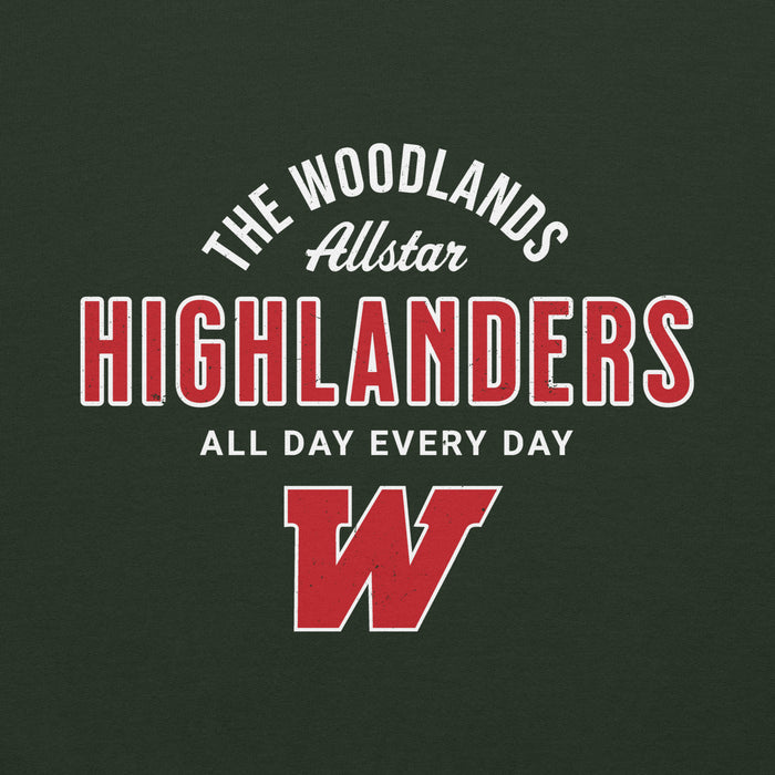 Close-up view of The Woodlands High School Highlanders Forest Green Classic Unisex Hoodie 040