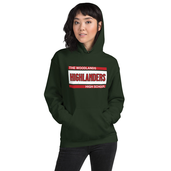 Woman wearing The Woodlands High School Highlanders Forest Green Classic Unisex Hoodie 098