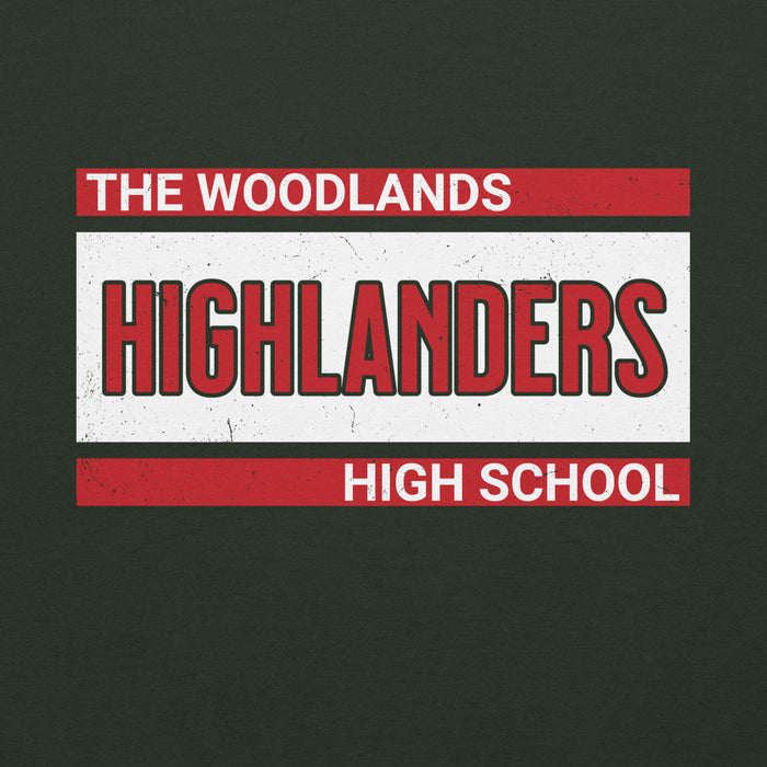 Close-up view of The Woodlands High School Highlanders Forest Green Classic Unisex Hoodie 098
