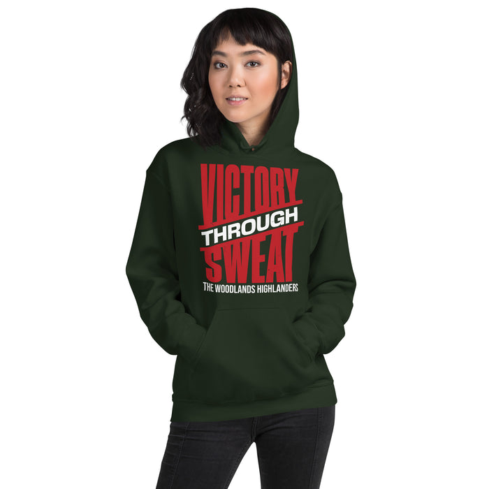 Female student wearing The Woodlands High School Highlanders Forest Green Classic Unisex Hoodie 241