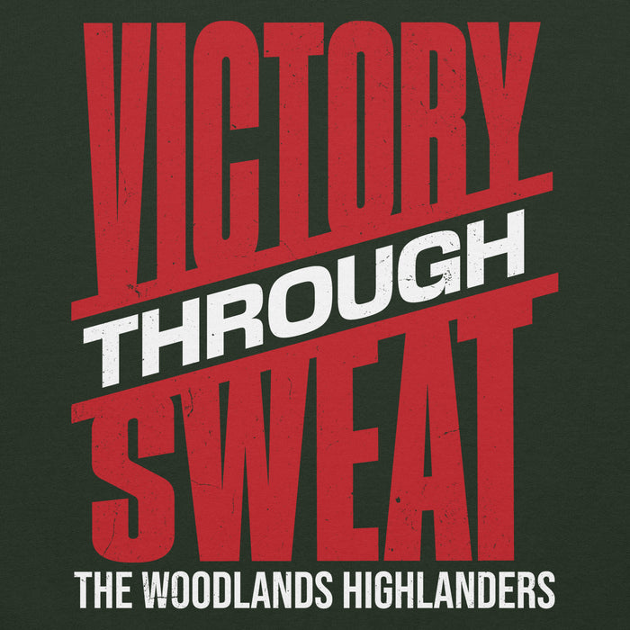 Close-up view of The Woodlands High School Highlanders Forest Green Classic Unisex Hoodie 241