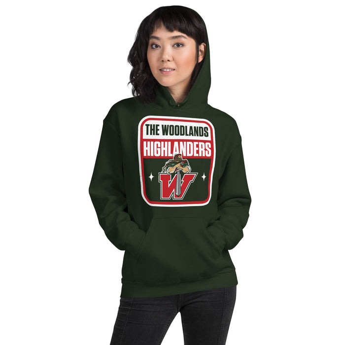 Young lady wearing The Woodlands High School Highlanders Forest Green Classic Unisex Hoodie 001
