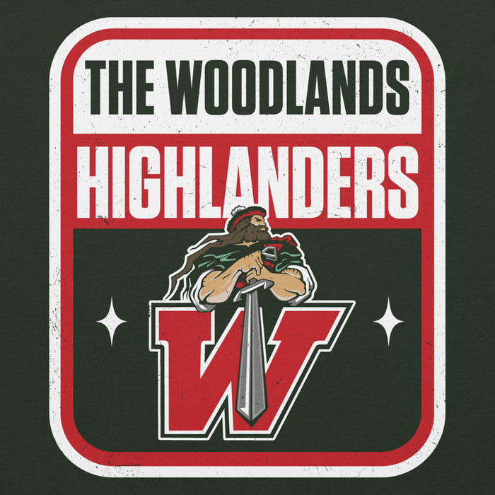 Close-up view of The Woodlands High School Highlanders Forest Green Classic Unisex Hoodie 001