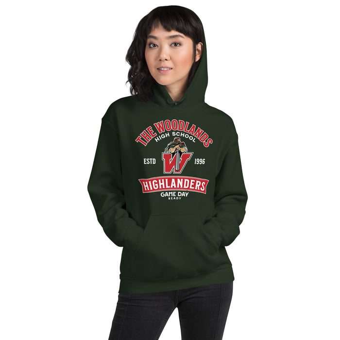 Woman wearing The Woodlands High School Highlanders Forest Green Classic Unisex Hoodie 221
