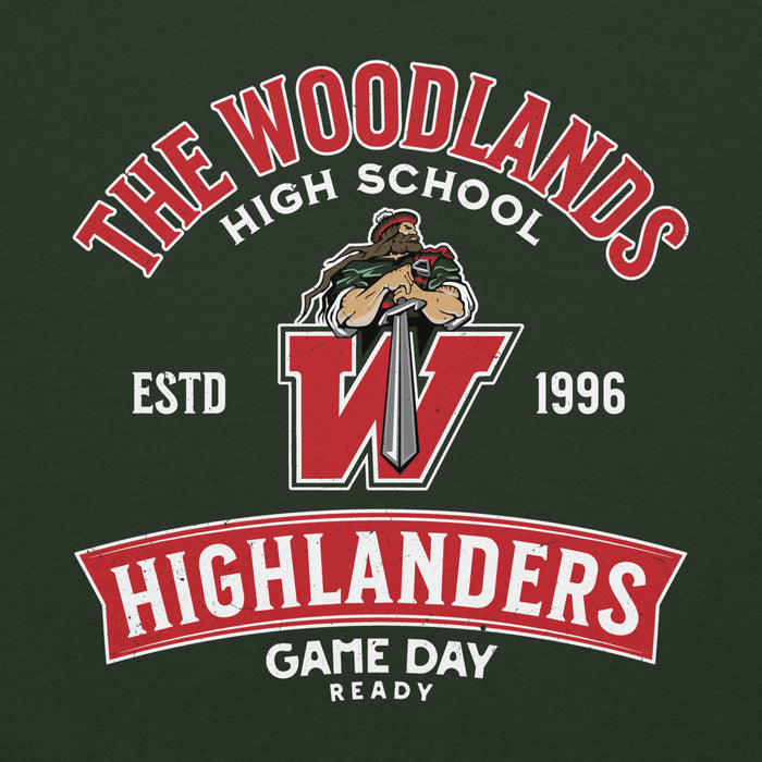 Close-up view of The Woodlands High School Highlanders Forest Green Classic Unisex Hoodie 221