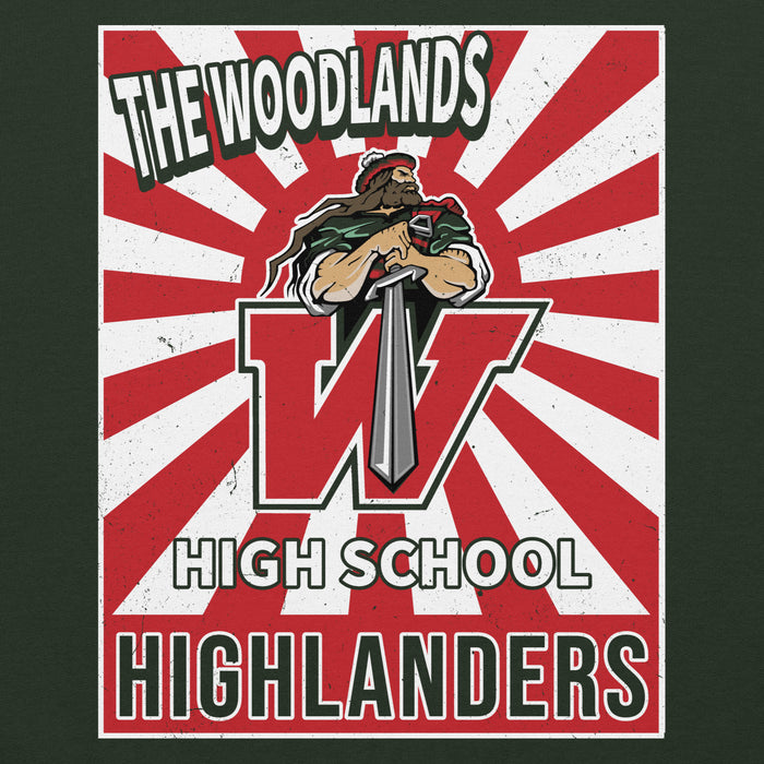 Close-up view of The Woodlands High School Highlanders Forest Green Classic Unisex Hoodie 226