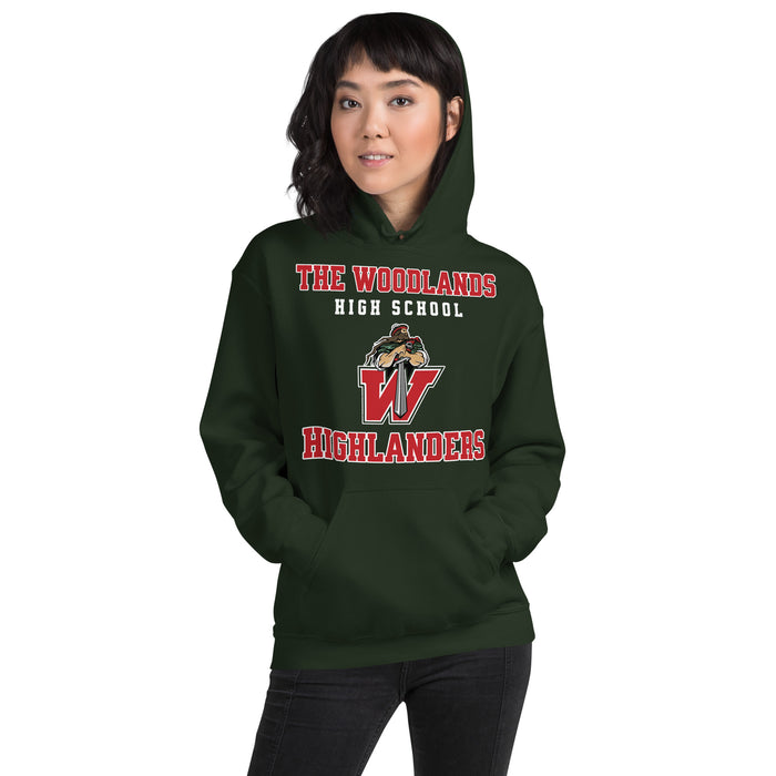 Woman wearing The Woodlands High School Highlanders Forest Green Classic Unisex Hoodie 006