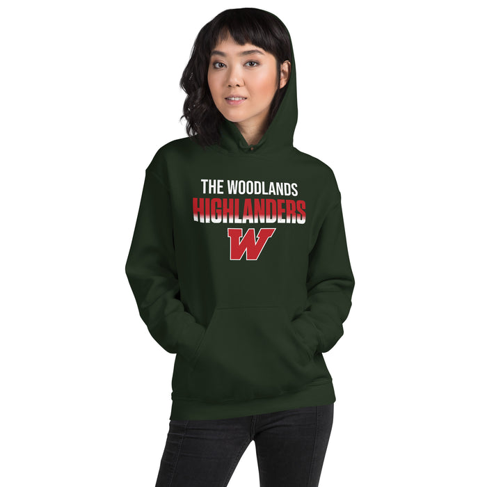 Woman wearing The Woodlands High School Highlanders Forest Green Classic Unisex Hoodie 024