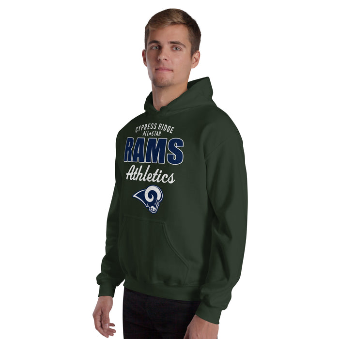 Man wearing Cypress Ridge High School Rams Forest Green Classic Unisex Hoodie 034