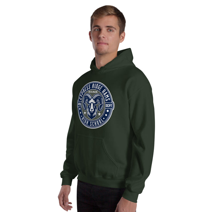 Man wearing Cypress Ridge High School Rams Forest Green Classic Unisex Hoodie 224