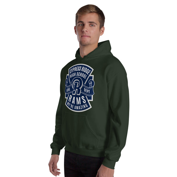 Man wearing Cypress Ridge High School Rams Forest Green Classic Unisex Hoodie 207