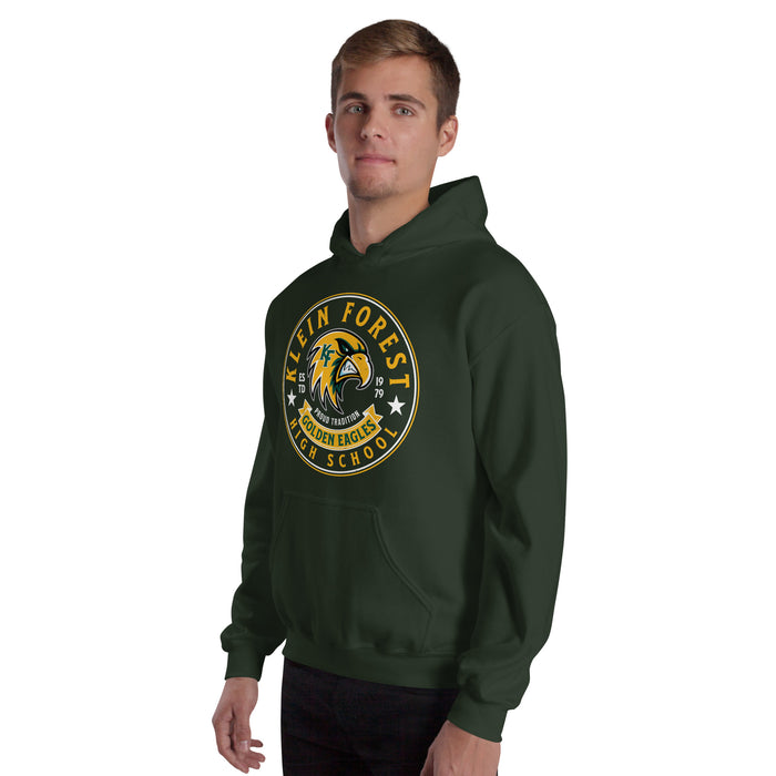 Man wearing Klein Forest High School Golden Eagles Forest Green Classic Unisex Hoodie 215