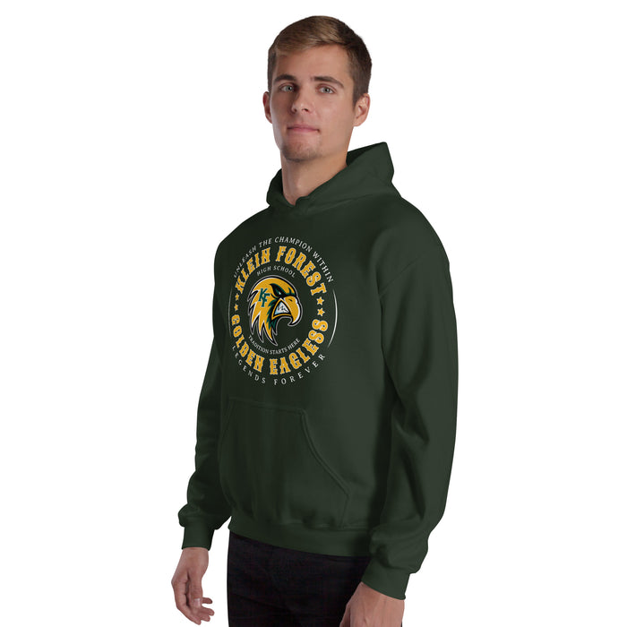 Man wearing Klein Forest High School Golden Eagles Forest Green Classic Unisex Hoodie 214