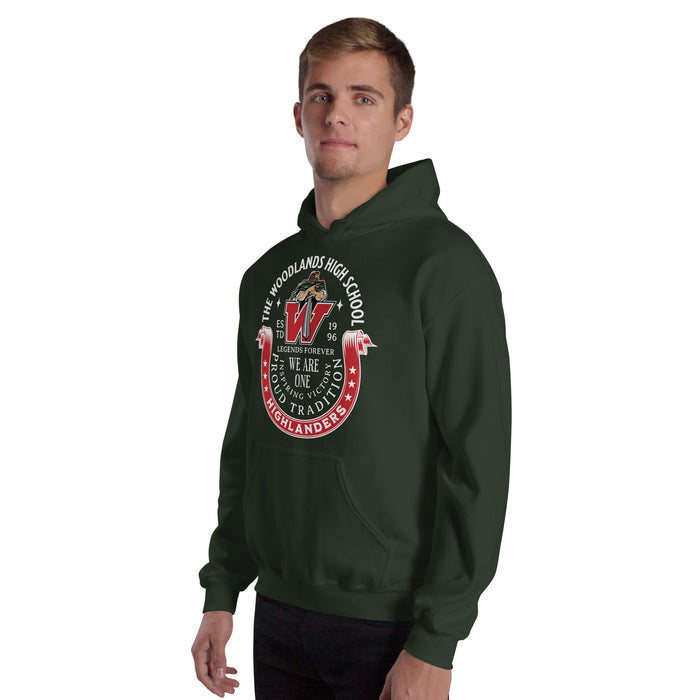 Man wearing The Woodlands High School Highlanders Forest Green Classic Unisex Hoodie 229