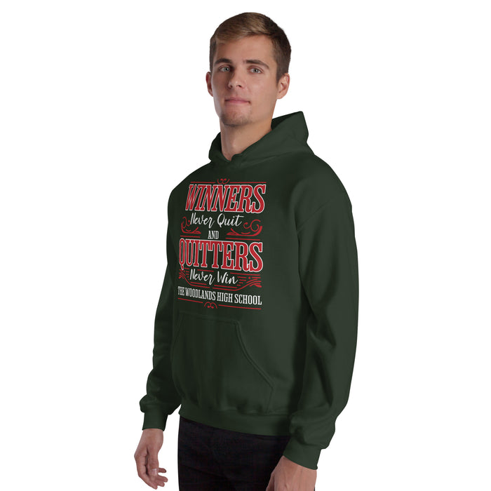 Man wearing The Woodlands High School Highlanders Forest Green Classic Unisex Hoodie 237