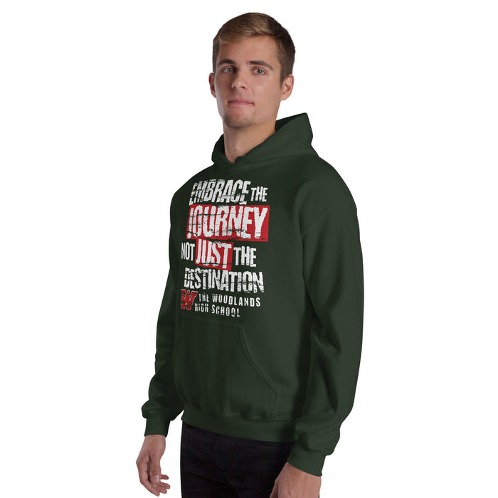 Man wearing The Woodlands High School Highlanders Forest Green Classic Unisex Hoodie 232