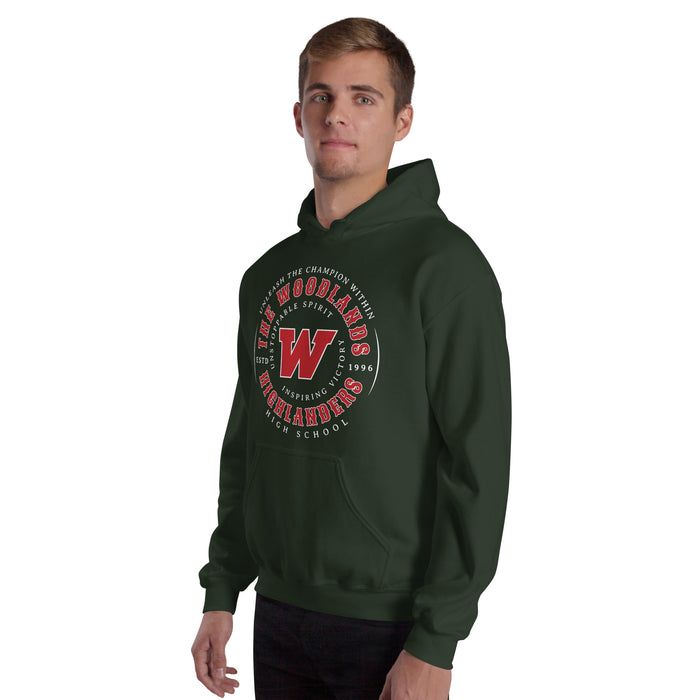 Man wearing The Woodlands High School Highlanders Forest Green Classic Unisex Hoodie 214