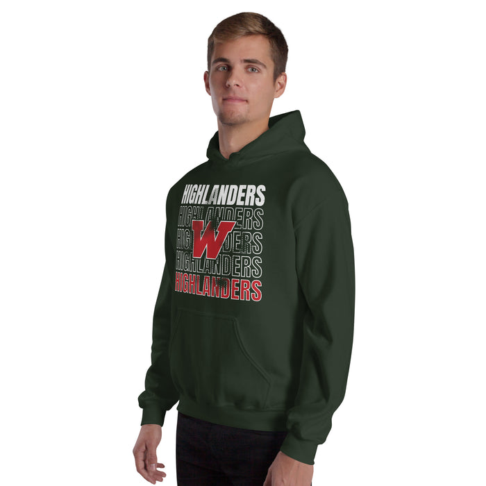 Man wearing The Woodlands High School Highlanders Forest Green Classic Unisex Hoodie 233