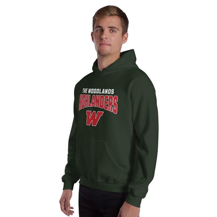 Man wearing The Woodlands High School Highlanders Forest Green Classic Unisex Hoodie 234