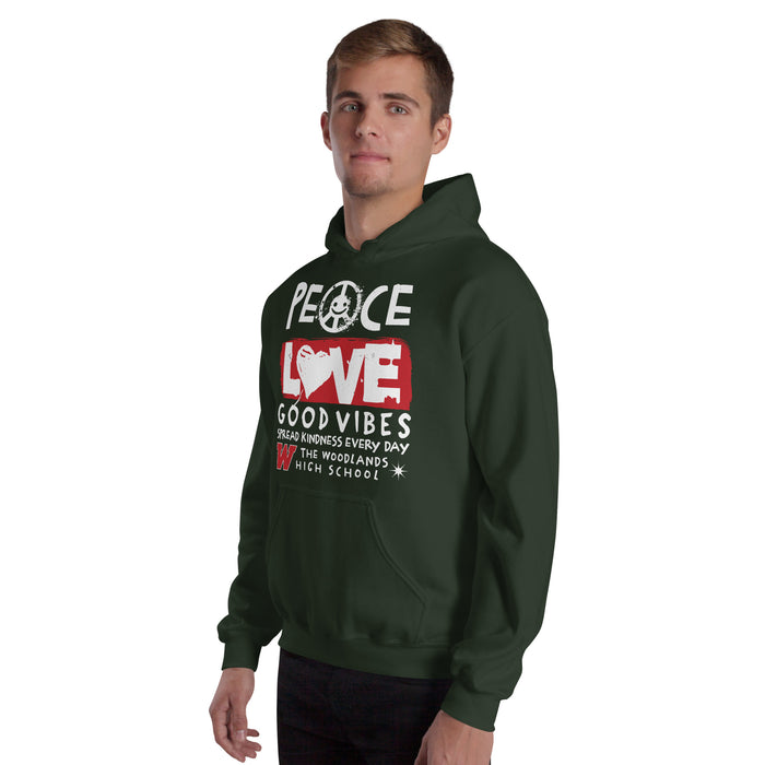 Man wearing The Woodlands High School Highlanders Forest Green Classic Unisex Hoodie 240