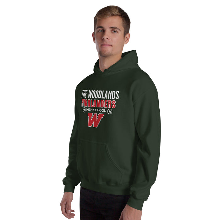 Man wearing The Woodlands High School Highlanders Forest Green Classic Unisex Hoodie 003