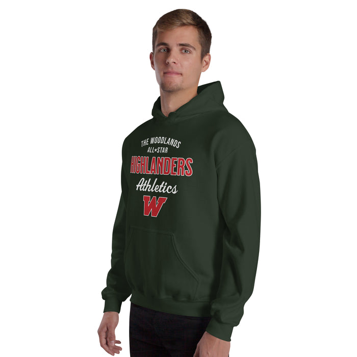 Man wearing The Woodlands High School Highlanders Forest Green Classic Unisex Hoodie 034
