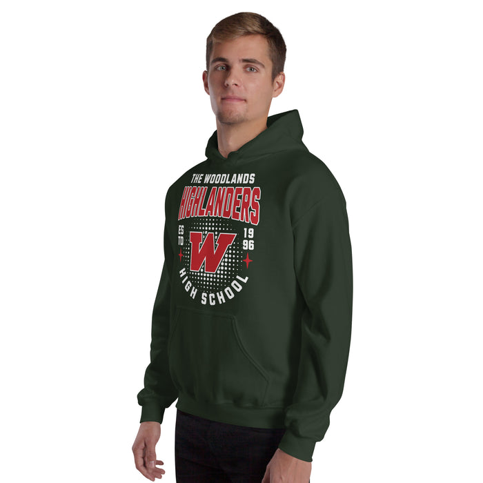 Man wearing The Woodlands High School Highlanders Forest Green Classic Unisex Hoodie 204