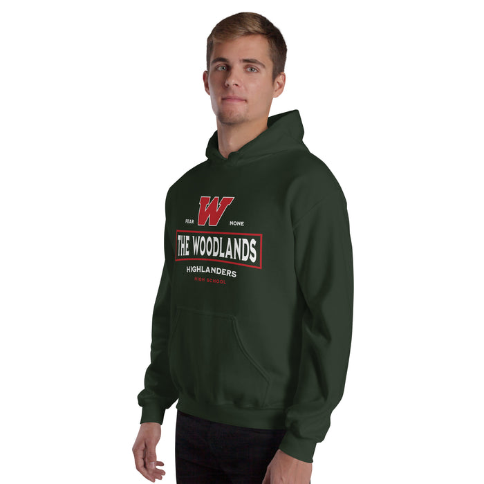 Man wearing The Woodlands High School Highlanders Forest Green Classic Unisex Hoodie 202