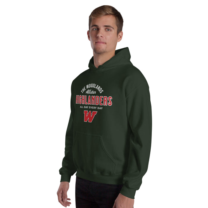 Man wearing The Woodlands High School Highlanders Forest Green Classic Unisex Hoodie 040