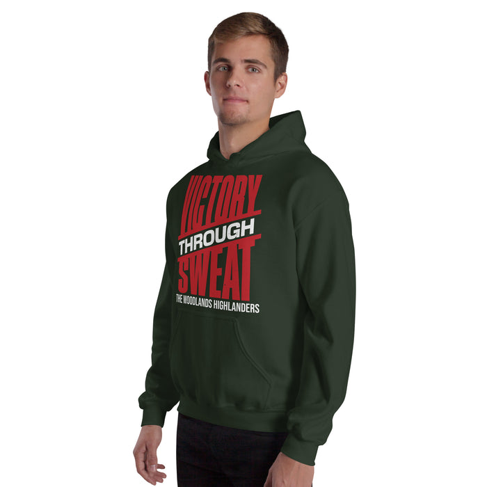 Man wearing The Woodlands High School Highlanders Forest Green Classic Unisex Hoodie 241