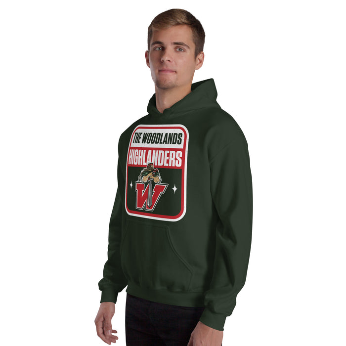 Man wearing The Woodlands High School Highlanders Forest Green Classic Unisex Hoodie 001