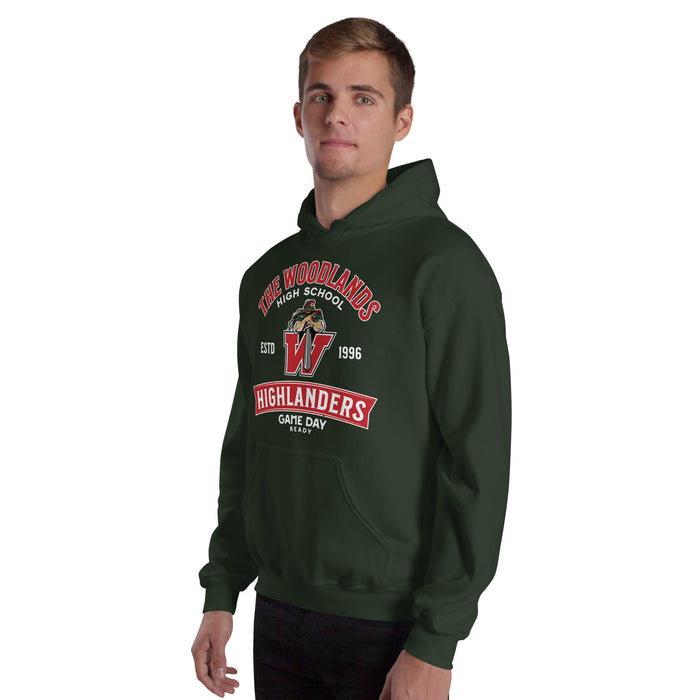 Man wearing The Woodlands High School Highlanders Forest Green Classic Unisex Hoodie 221