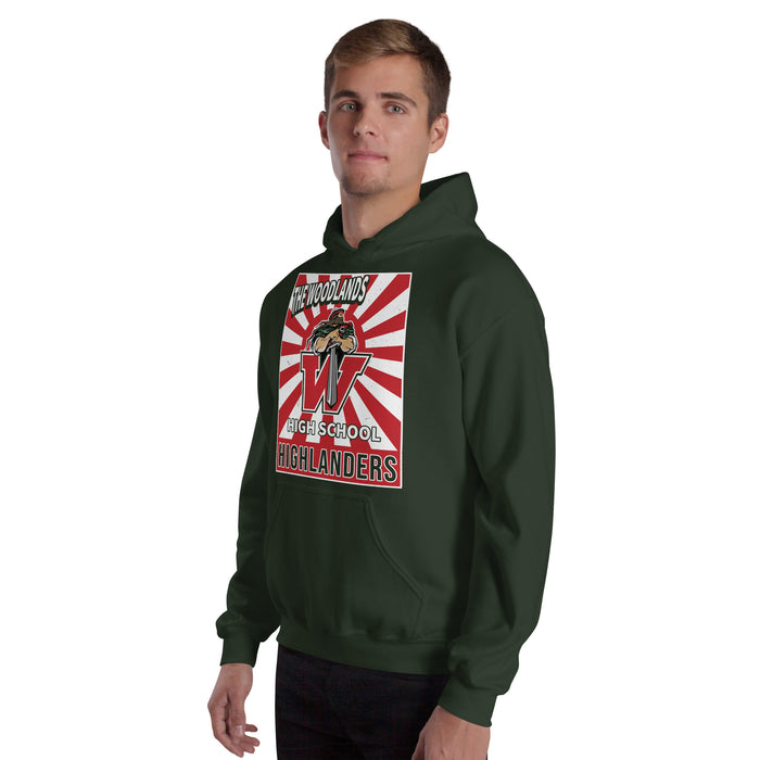 Man wearing The Woodlands High School Highlanders Forest Green Classic Unisex Hoodie 226