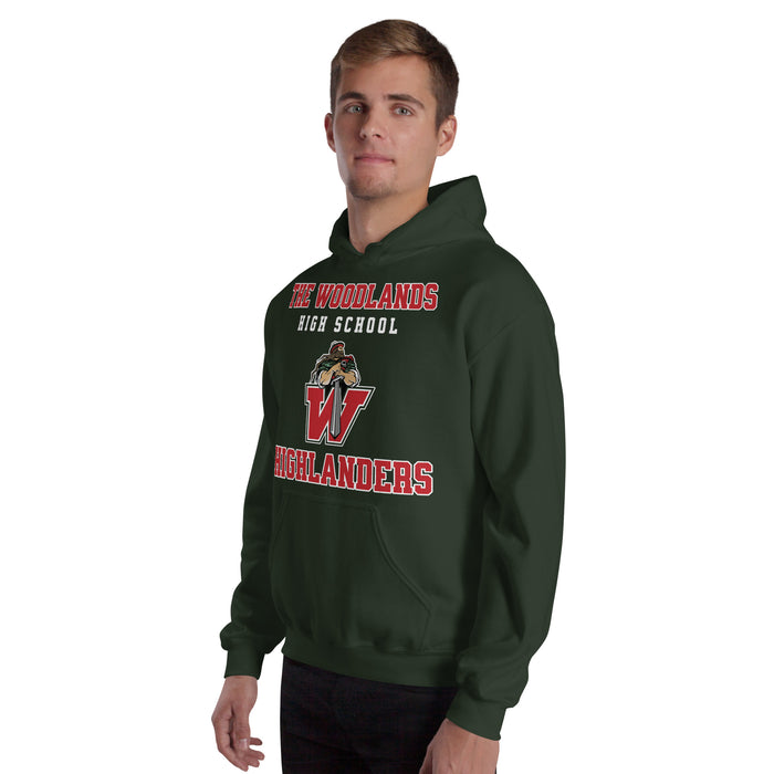 Man wearing The Woodlands High School Highlanders Forest Green Classic Unisex Hoodie 006