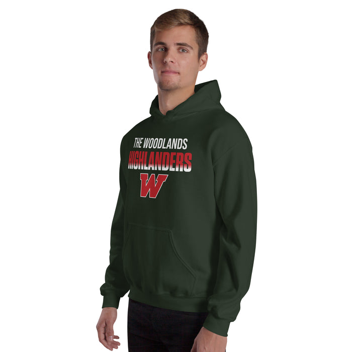 Man wearing The Woodlands High School Highlanders Forest Green Classic Unisex Hoodie 024