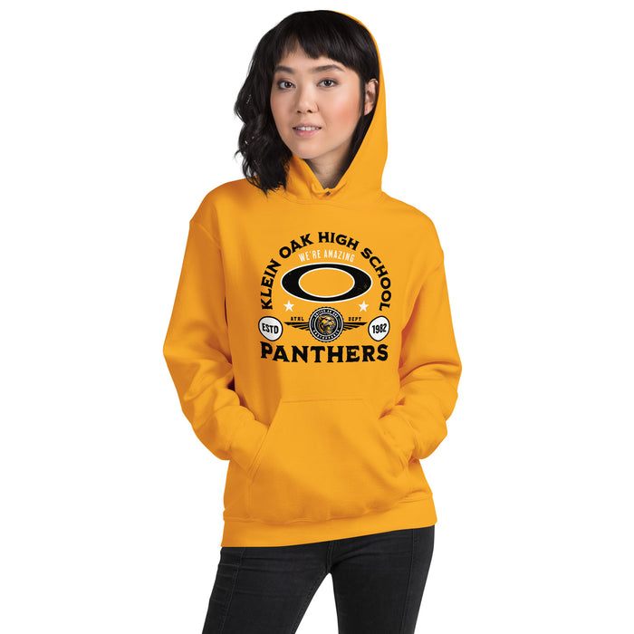 Woman wearing Klein Oak High School Panthers Gold Classic Unisex Hoodie 208