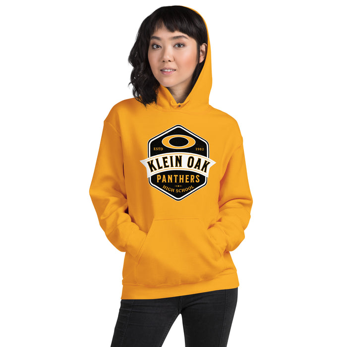 Woman wearing Klein Oak High School Panthers Gold Classic Unisex Hoodie 209