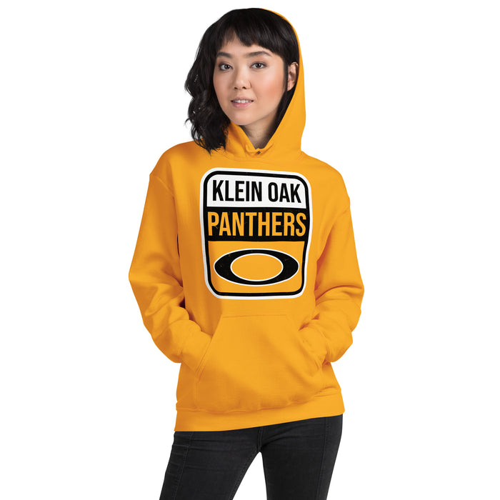 Woman wearing Klein Oak High School Panthers Gold Classic Unisex Hoodie 001