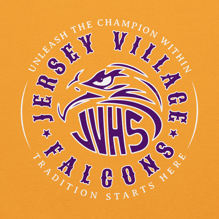 Close-up view of Jersey Village High School Falcons Gold Classic Unisex Hoodie 214
