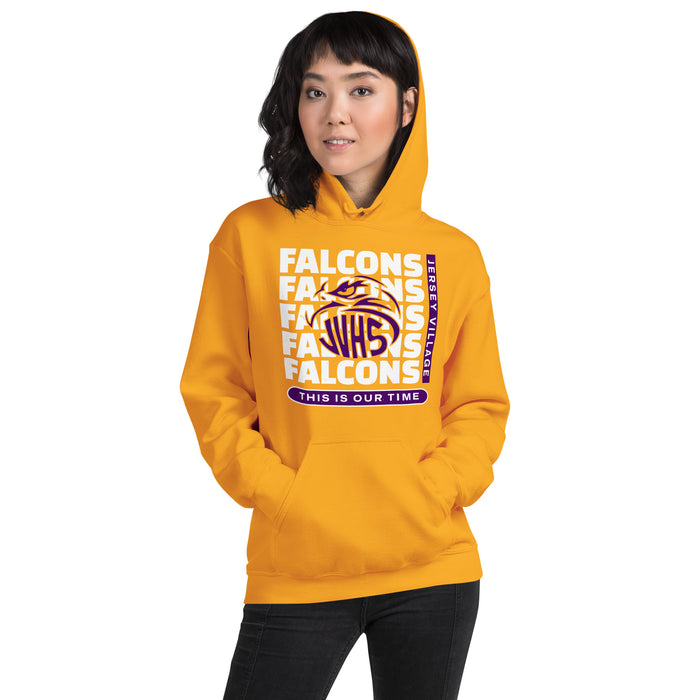 Woman wearing Jersey Village High School Falcons Gold Classic Unisex Hoodie 235