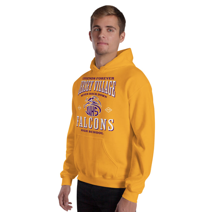 Man wearing Jersey Village High School Falcons Gold Classic Unisex Hoodie 230