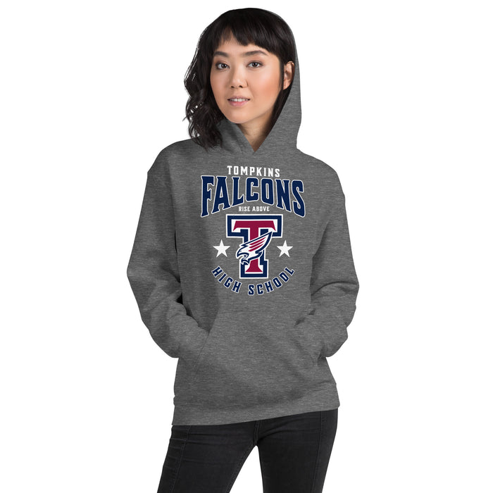 Woman wearing Tompkins High School Falcons Dark Grey Classic Unisex Hoodie 213