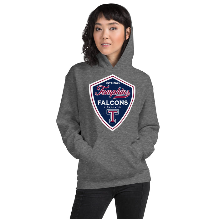Woman wearing Tompkins High School Falcons Dark Grey Classic Unisex Hoodie 225