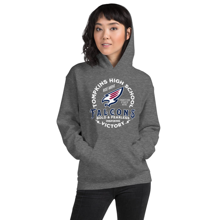 Woman wearing Tompkins High School Falcons Dark Grey Classic Unisex Hoodie 206