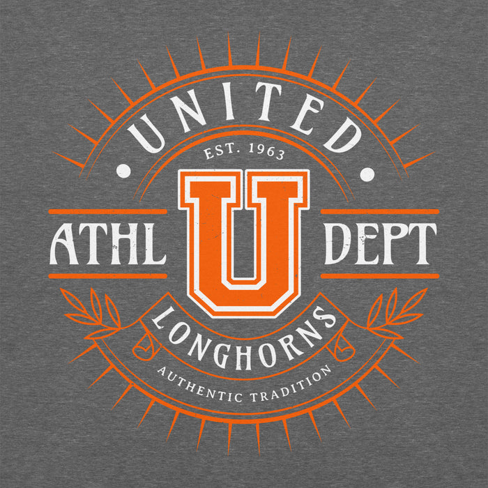 Close-up view of United High School Longhorns Dark Grey Classic Unisex Hoodie 201