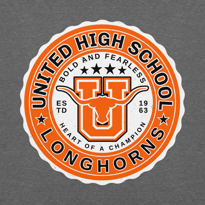 Close-up view of United High School Longhorns Dark Grey Classic Unisex Hoodie 216