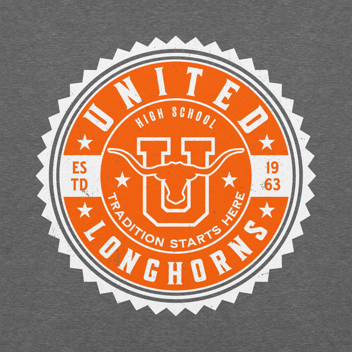 Close-up view of United High School Longhorns Dark Grey Classic Unisex Hoodie 203