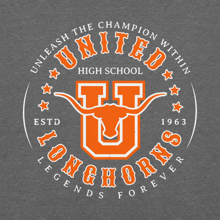 Close-up view of United High School Longhorns Dark Grey Classic Unisex Hoodie 214