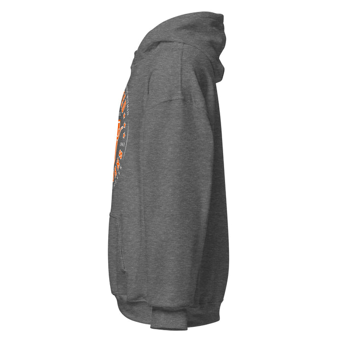 Left side view of United High School Longhorns Dark Grey Classic Unisex Hoodie 214